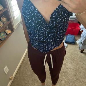 Blue patterned crop top with scoop neck and tie back
